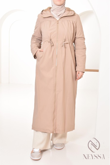 women's fur-lined long parka with hood, hijabi look