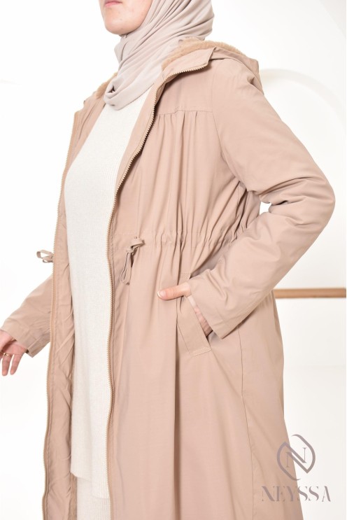 parka longue femme doublée de fourrure avec capuche, hijabi look
