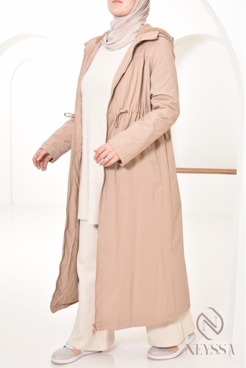 women's fur-lined long parka with hood, hijabi look