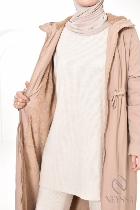 women's fur-lined long parka with hood, hijabi look