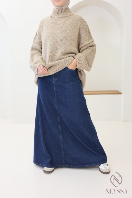 Jupe longue jean 100% coton, sans fente, brut foncé