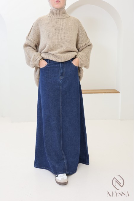 Jupe longue jean 100% coton, sans fente, brut foncé
