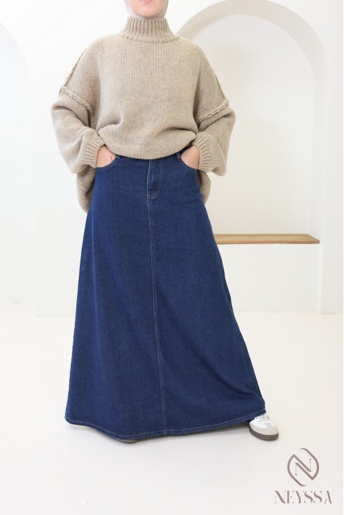 Langer Jeansrock aus 100 % Baumwolle, ohne Schlitz, dunkel