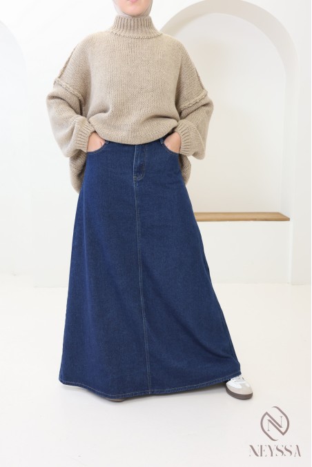 Jupe longue jean 100% coton, sans fente, brut foncé