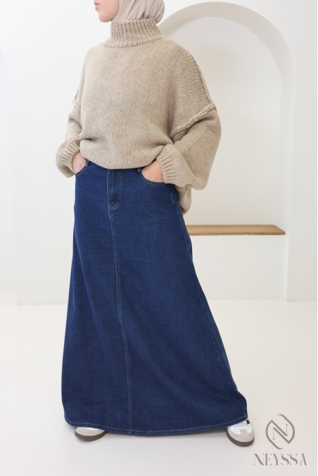 Langer Jeansrock aus 100 % Baumwolle, ohne Schlitz, dunkel