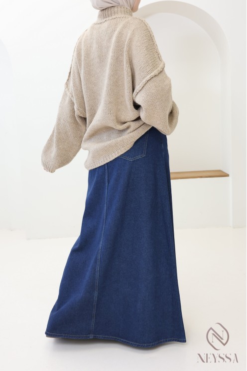 Long denim skirt, 100% cotton, no slit, dark raw denim