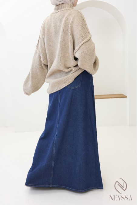 Long denim skirt, 100% cotton, no slit, dark raw denim