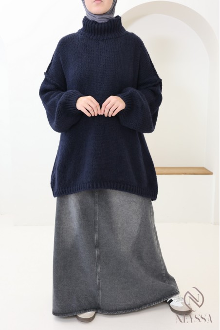 Long gray denim skirt without slits, 100% cotton fabric