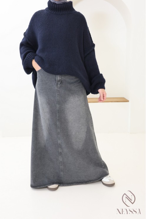 jupe longue en jean sans fentes grise, tissu 100% coton