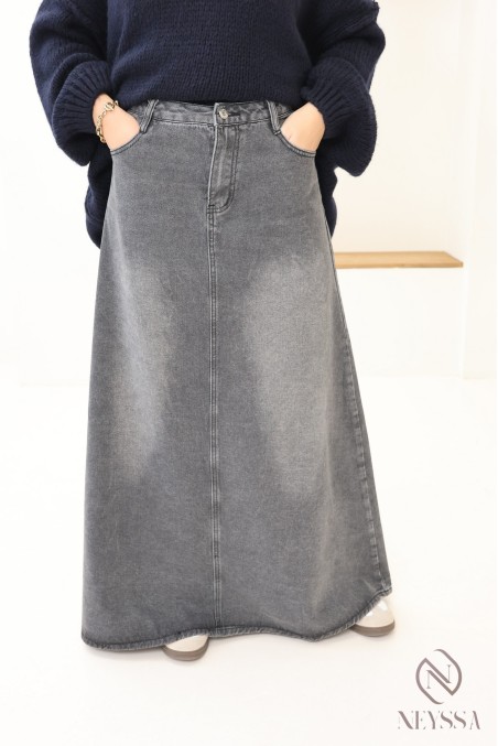 jupe longue en jean sans fentes grise, tissu 100% coton