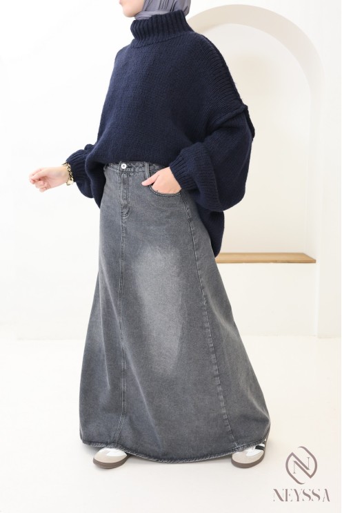 Long gray denim skirt without slits, 100% cotton fabric