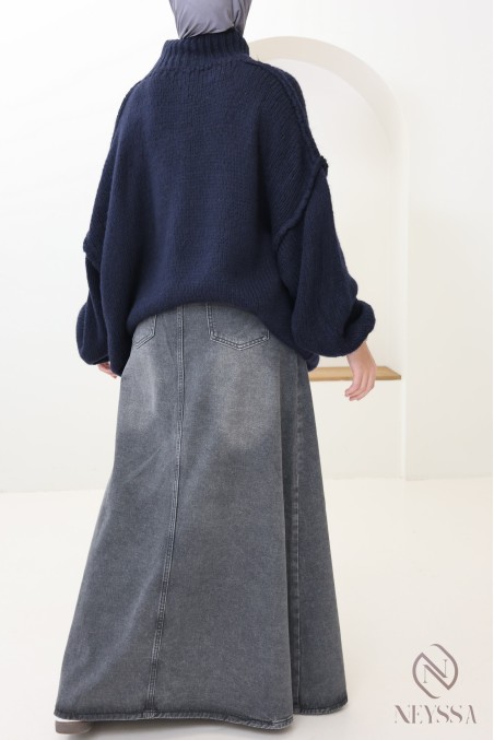 Long gray denim skirt without slits, 100% cotton fabric