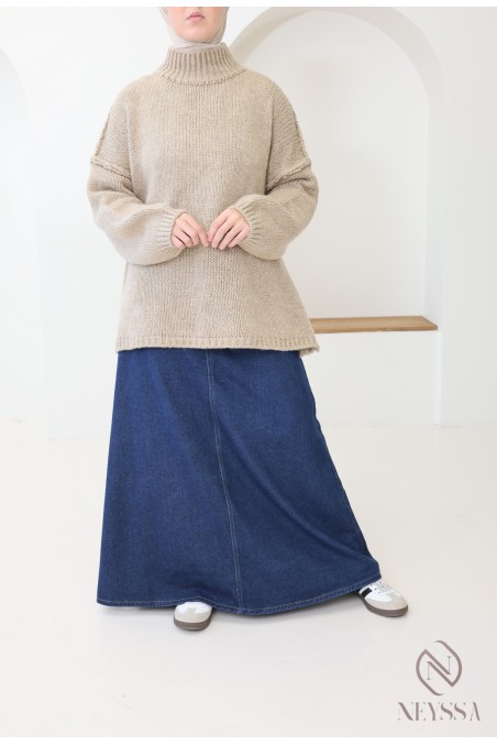 Long denim skirt, 100% cotton, no slit, dark raw denim