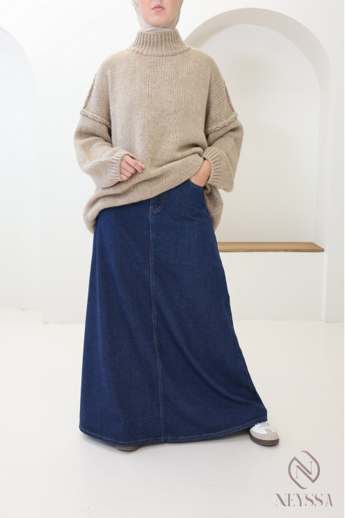 Jupe longue jean 100% coton, sans fente, brut foncé