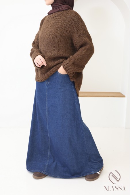 Long denim skirt, 100% cotton, no slit, dark raw denim