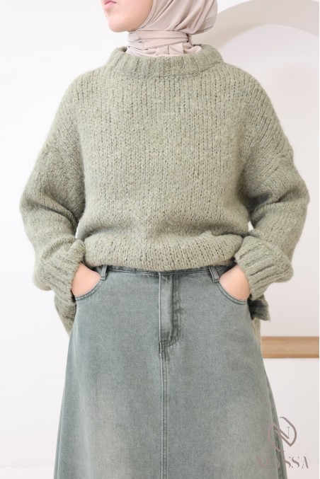 Langer, schlichter Jeansrock in Khaki ohne Schlitz für Frauen