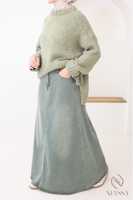 Long khaki denim skirt without slits for modest women