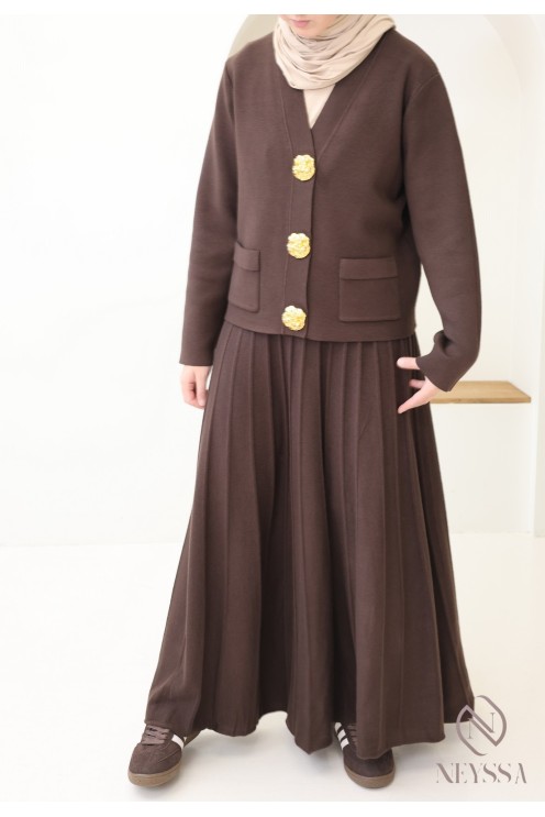Damen-Set aus Strickjacke + langem, ausgestellten Faltenrock im Hijabi