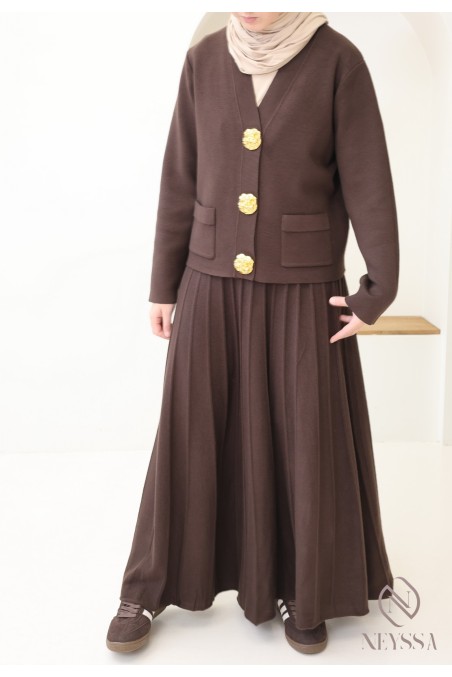 Women's cardigan + long pleated flared skirt hijabi fashion set