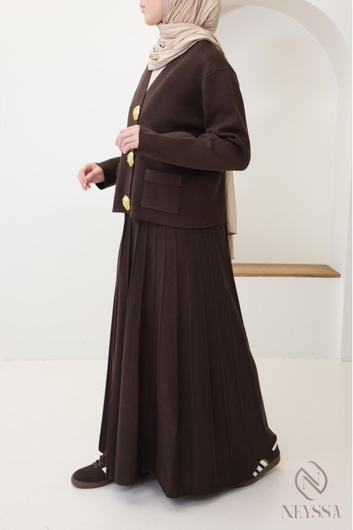 Women's cardigan + long pleated flared skirt hijabi fashion set