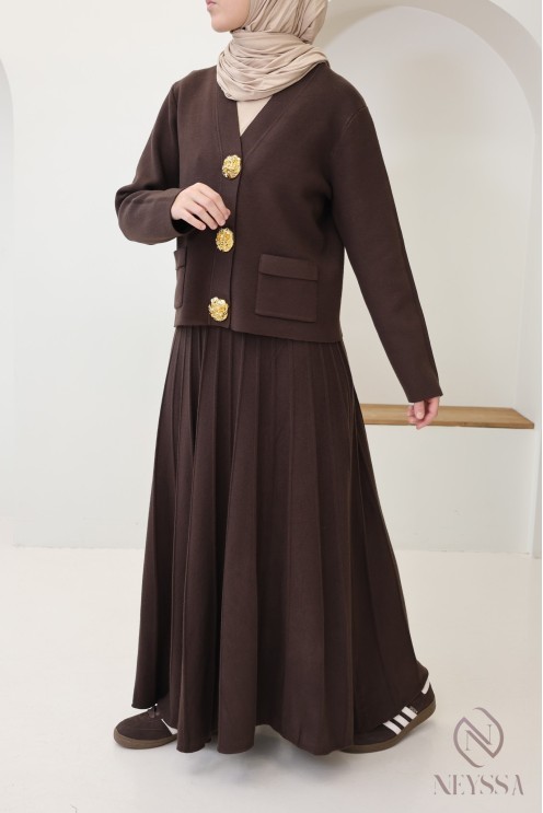 Women's cardigan + long pleated flared skirt hijabi fashion set
