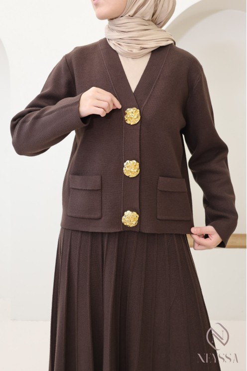 Ensemble femme cardigan + jupe longue plissée évasée hijabi mode
