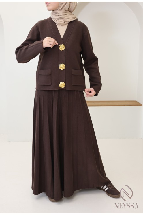 Ensemble femme cardigan + jupe longue plissée évasée hijabi mode