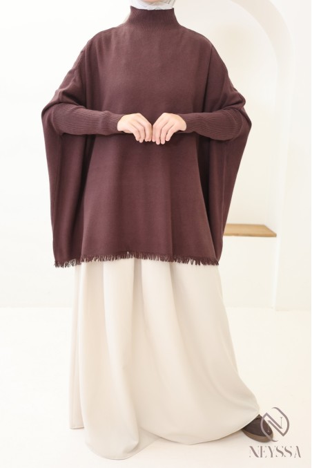 Mid-length fringed turtleneck knit sweater for hijabi women