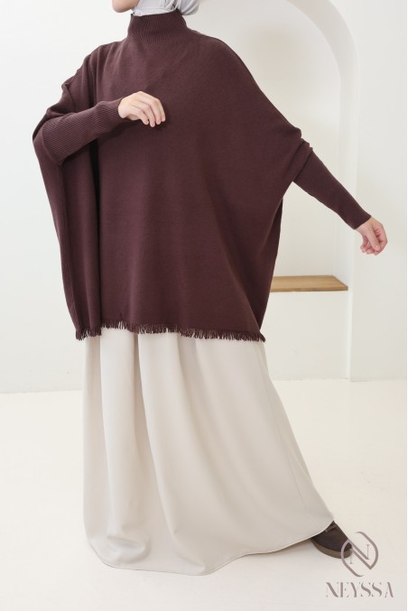 Pull en maille col montant mi long à franges pour femme hijabi