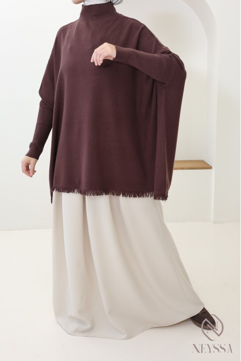 Pull en maille col montant mi long à franges pour femme hijabi
