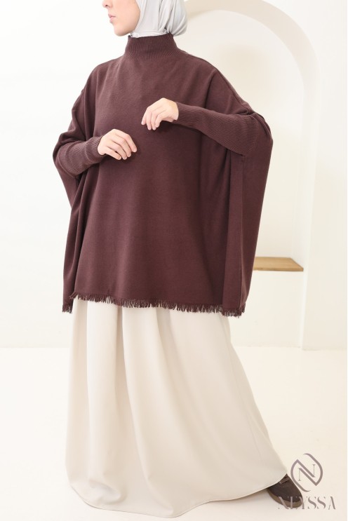 Pull en maille col montant mi long à franges pour femme hijabi