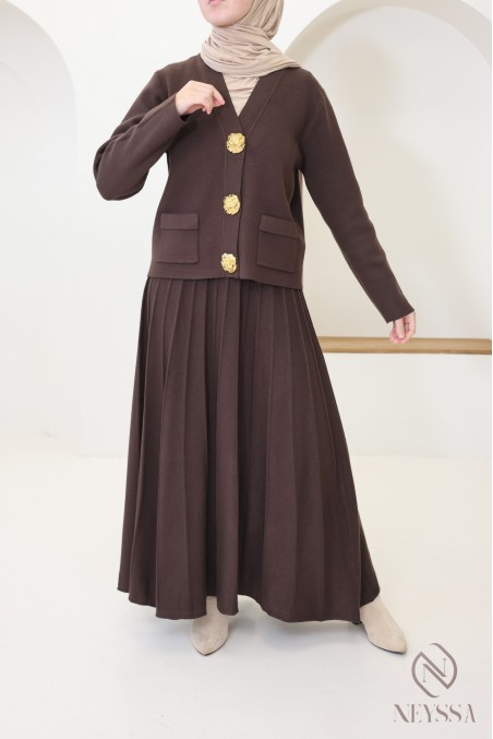 Women's cardigan + long pleated flared skirt hijabi fashion set