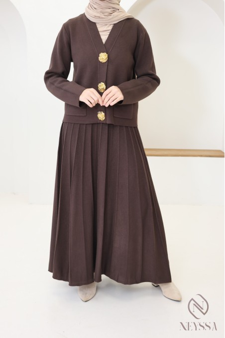 Women's cardigan + long pleated flared skirt hijabi fashion set