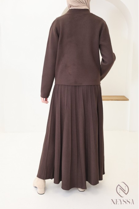 Ensemble femme cardigan + jupe longue plissée évasée hijabi mode