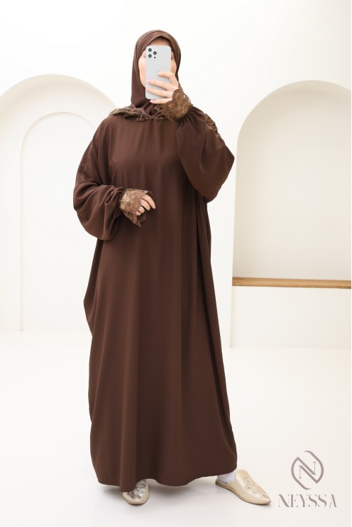 Long chocolate brown lace abaya box for trendy hijabi women