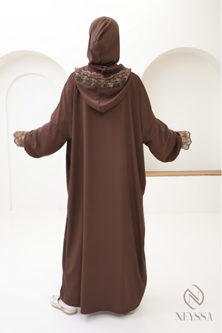 Lange schokoladenbraune Abaya-Box mit Spitze für trendbewusste