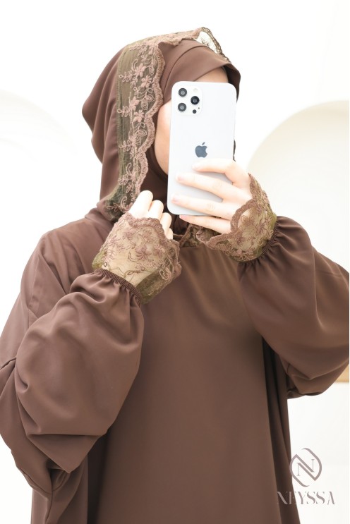 Long chocolate brown lace abaya box for trendy hijabi women