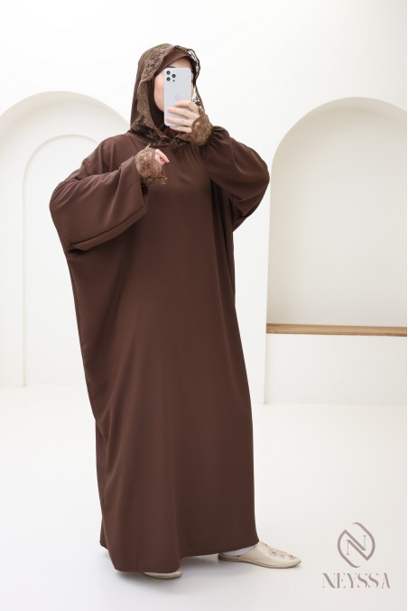 Lange schokoladenbraune Abaya-Box mit Spitze für trendbewusste