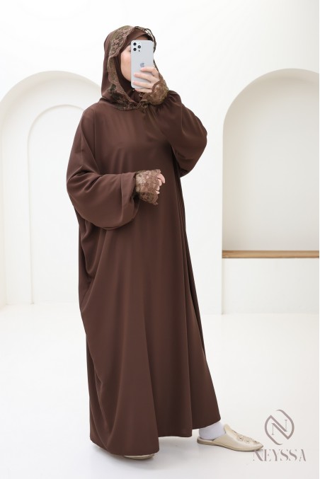 Lange schokoladenbraune Abaya-Box mit Spitze für trendbewusste
