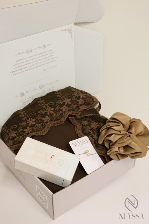 Lange schokoladenbraune Abaya-Box mit Spitze für trendbewusste