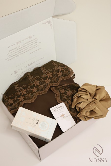 Lange schokoladenbraune Abaya-Box mit Spitze für trendbewusste