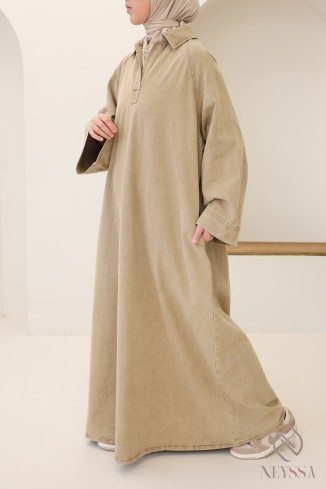 Robe longue en jean col chemise, 100% coton, look automne modeste
