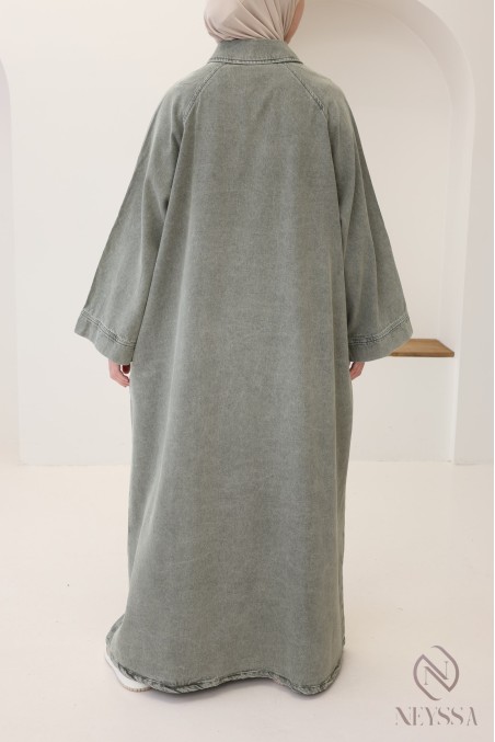 Robe longue en jean col chemise, 100% coton, look automne modeste