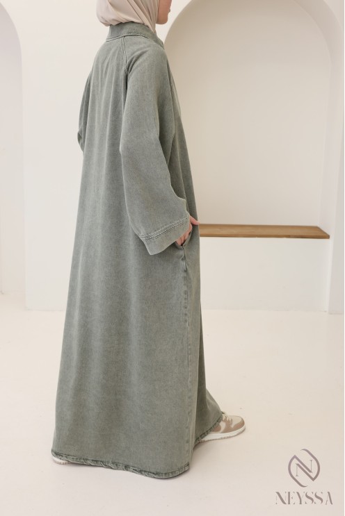 Robe longue en jean col chemise, 100% coton, look automne modeste