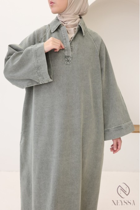 Robe longue en jean col chemise, 100% coton, look automne modeste