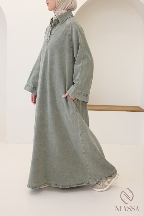 Robe longue en jean col chemise, 100% coton, look automne modeste