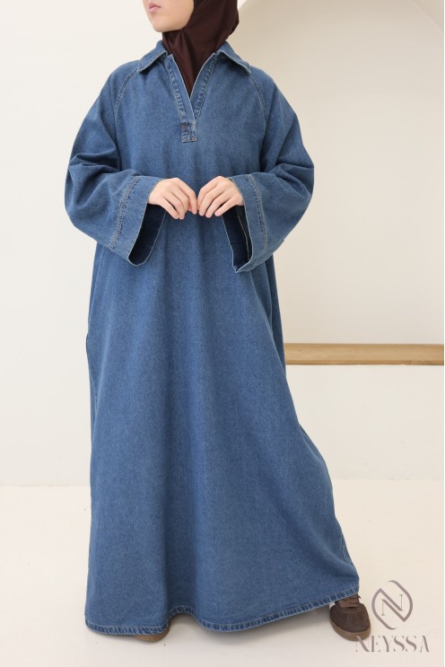 Long denim dress with shirt collar, 100% cotton, modest autumn look.