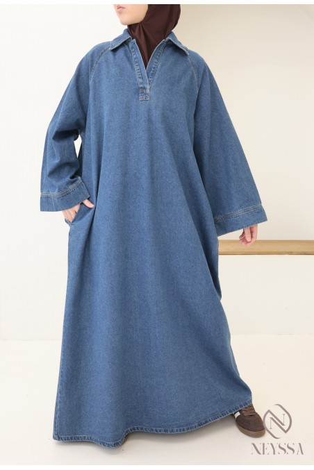 Robe longue en jean col chemise, 100% coton, look automne modeste