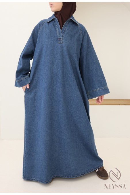 Langes Jeanskleid mit Hemdkragen, 100 % Baumwolle