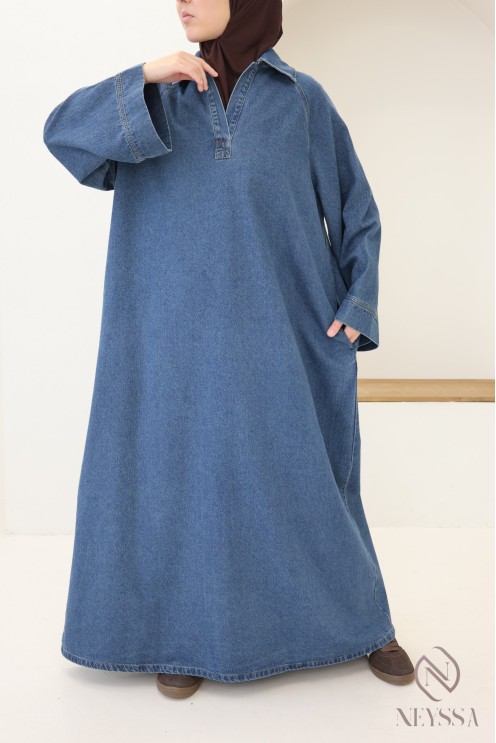 Long denim dress with shirt collar, 100% cotton, modest autumn look.